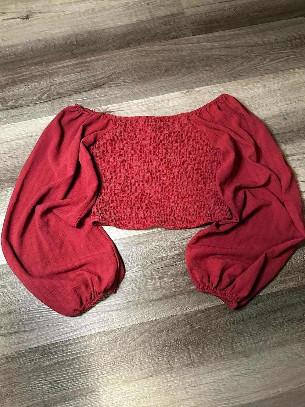 Lisacle Red Off-The-Shoulder Smocked Long Sleeve Crop Top Size S